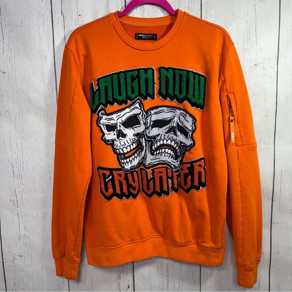 Roku Studio Orange Skull Graphic Sweatshirt Laugh Now Cry Later Streetwear Y2K